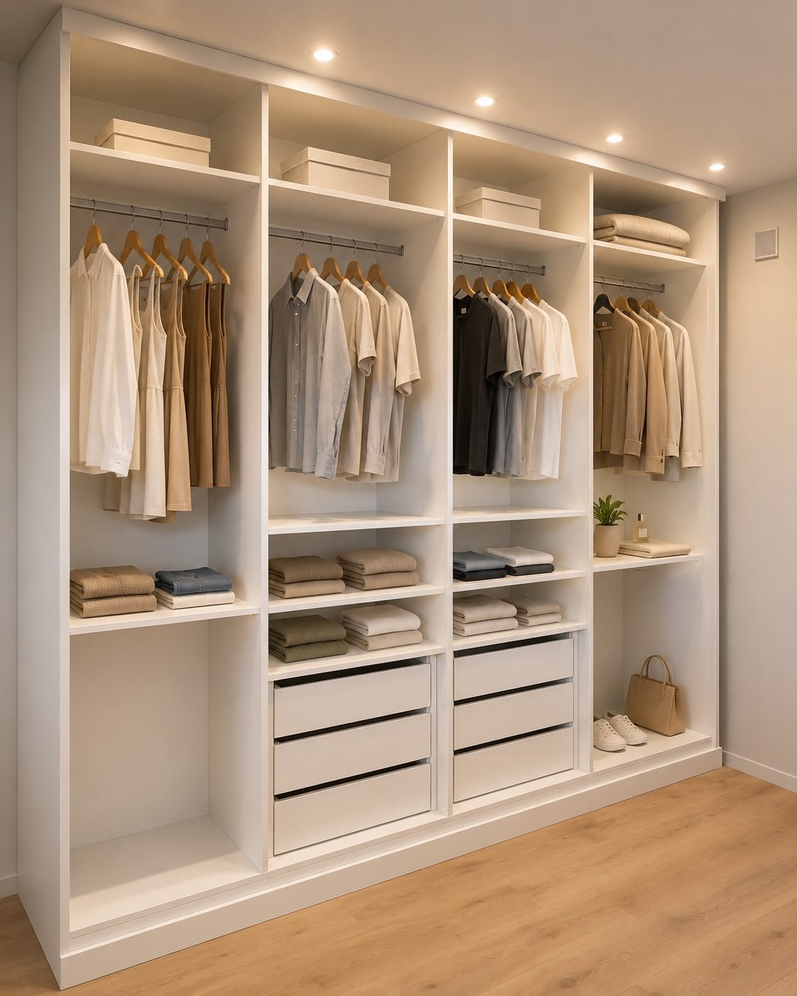 Closet planejado branco com iluminação embutida