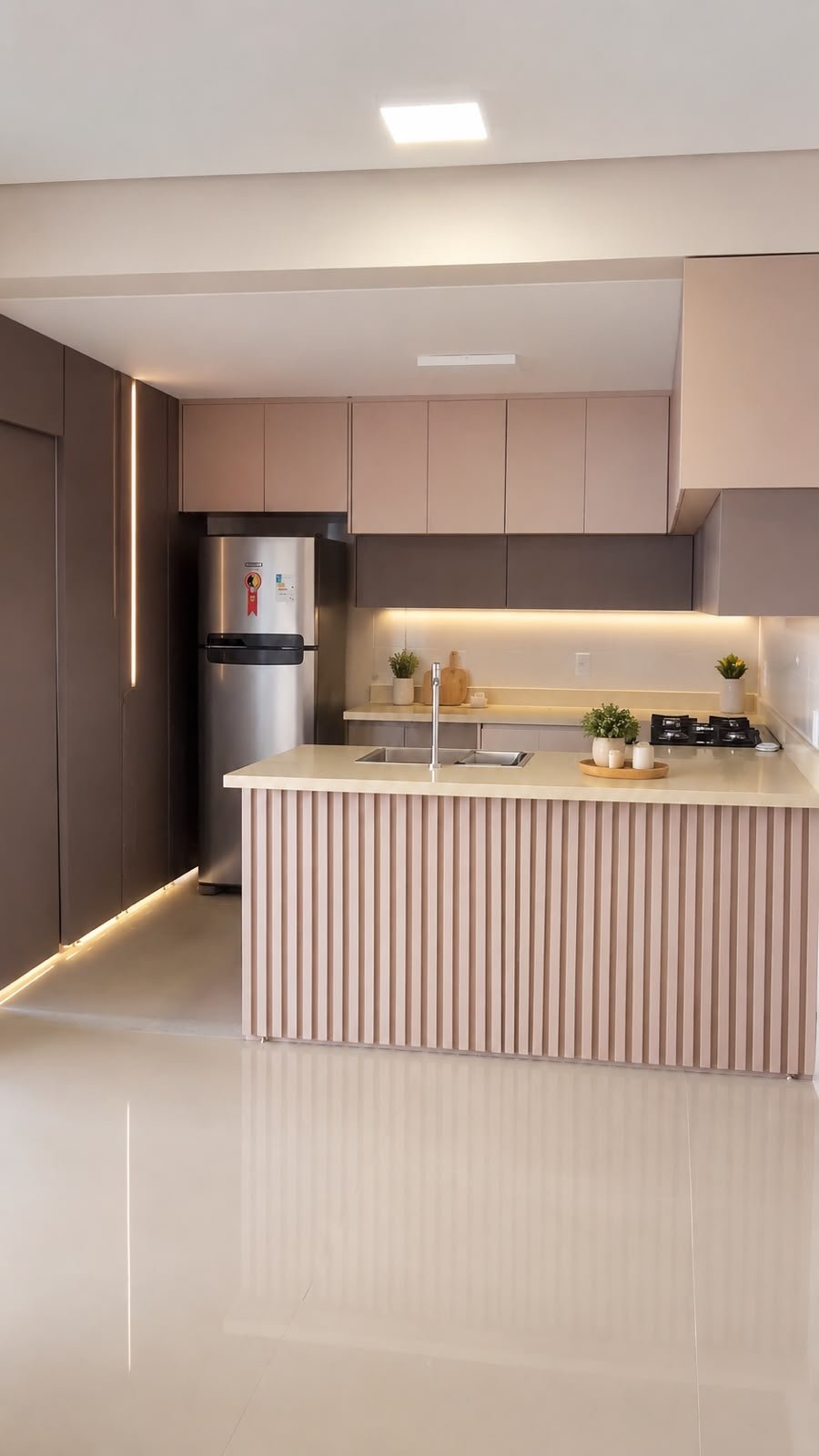 Cozinha planejada em L com marcenaria rosa e cinza