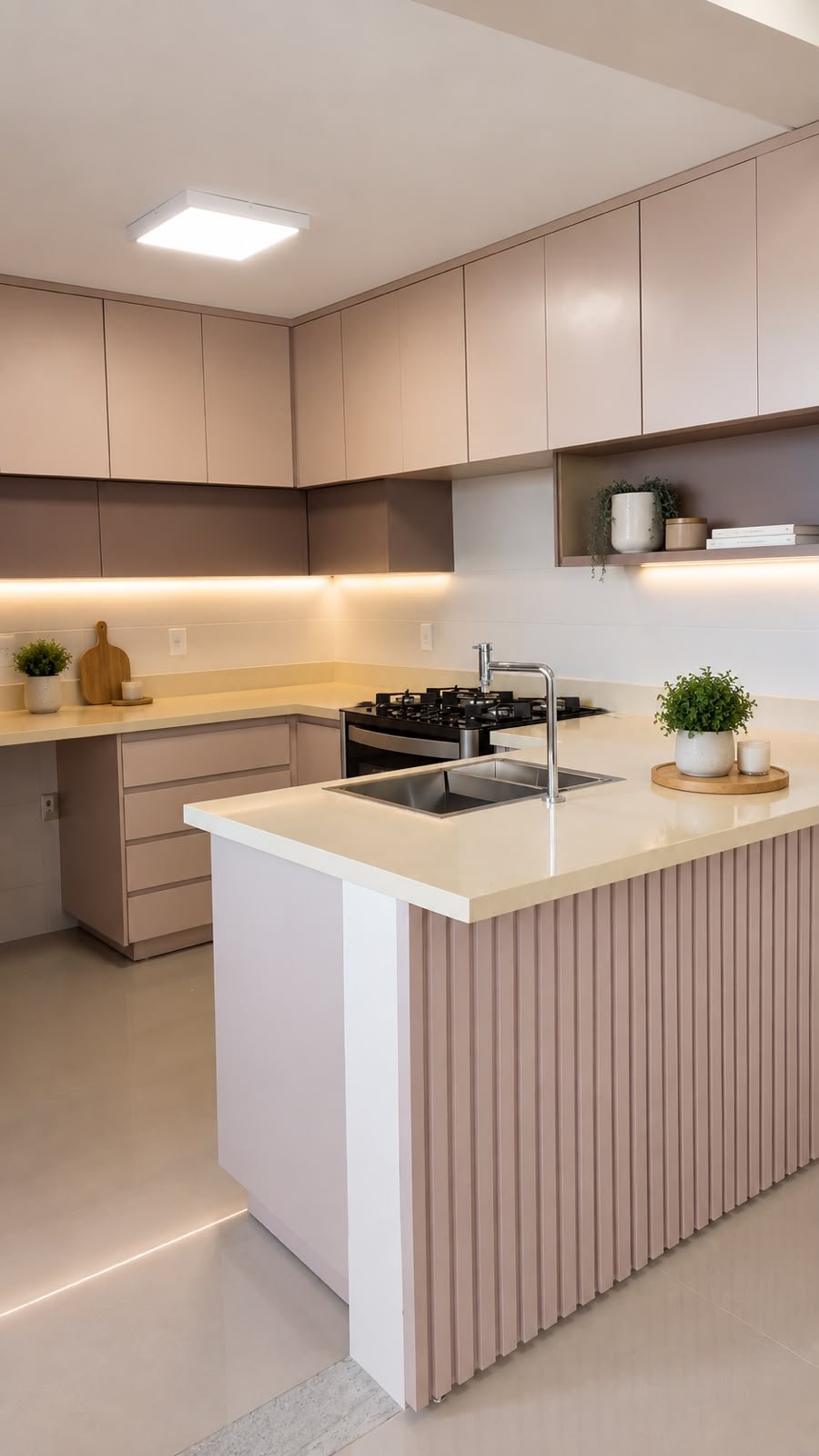 Cozinha planejada com ilha ripada rosa