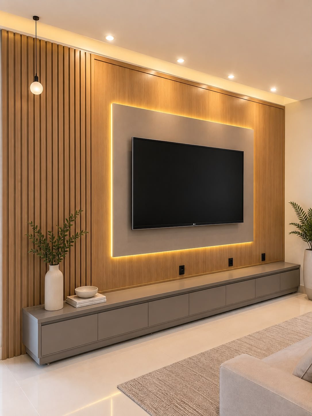 Sala com painel de TV ripado e iluminação embutida, projeto INOVA