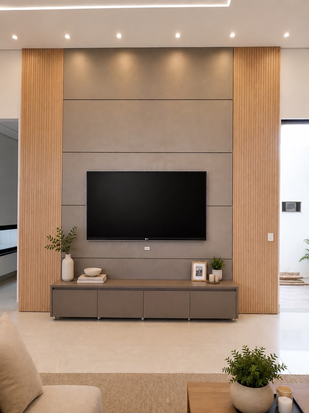 Sala com painel de TV ripado e luz cênica